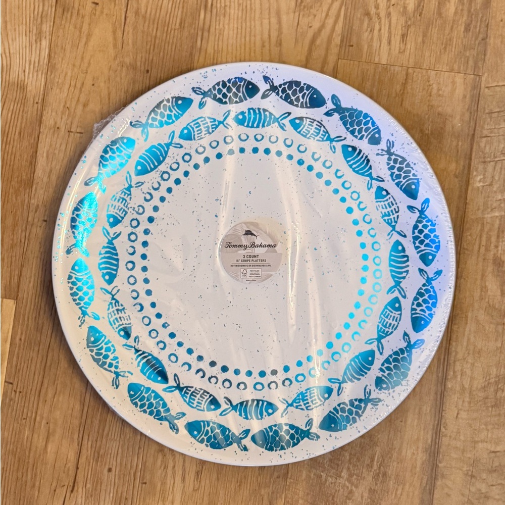 Set of 3 Tommy Bahama Plastic Blue Fish Coupe Platters 16”
